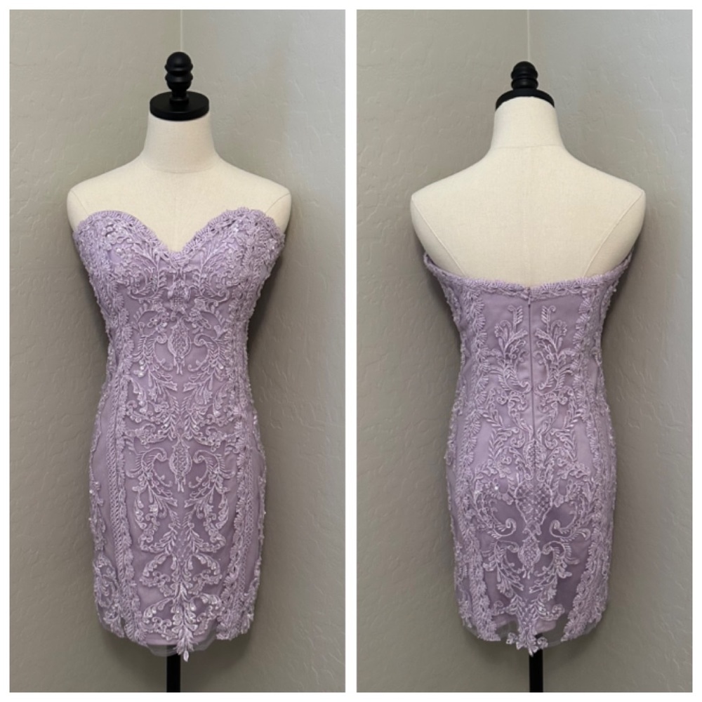 NEW JOVANI SZ 12 LILAC STRAPLESS BEADED TULLE LACE FORMAL COCKTAIL DRESS